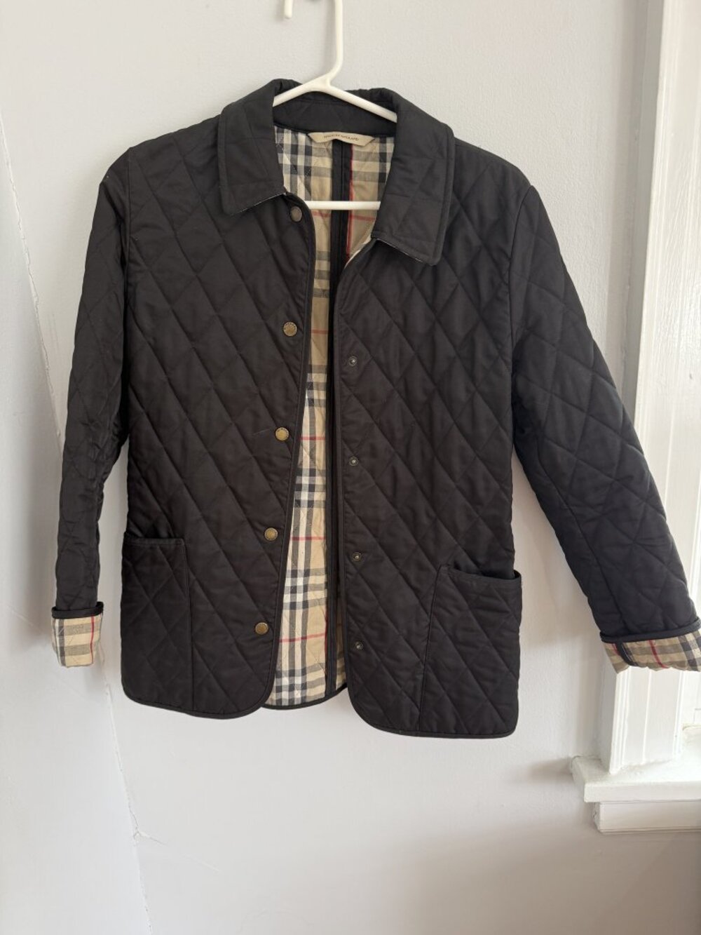 Burberry Black Quilted Jacket Nova Check Lining Size XS
